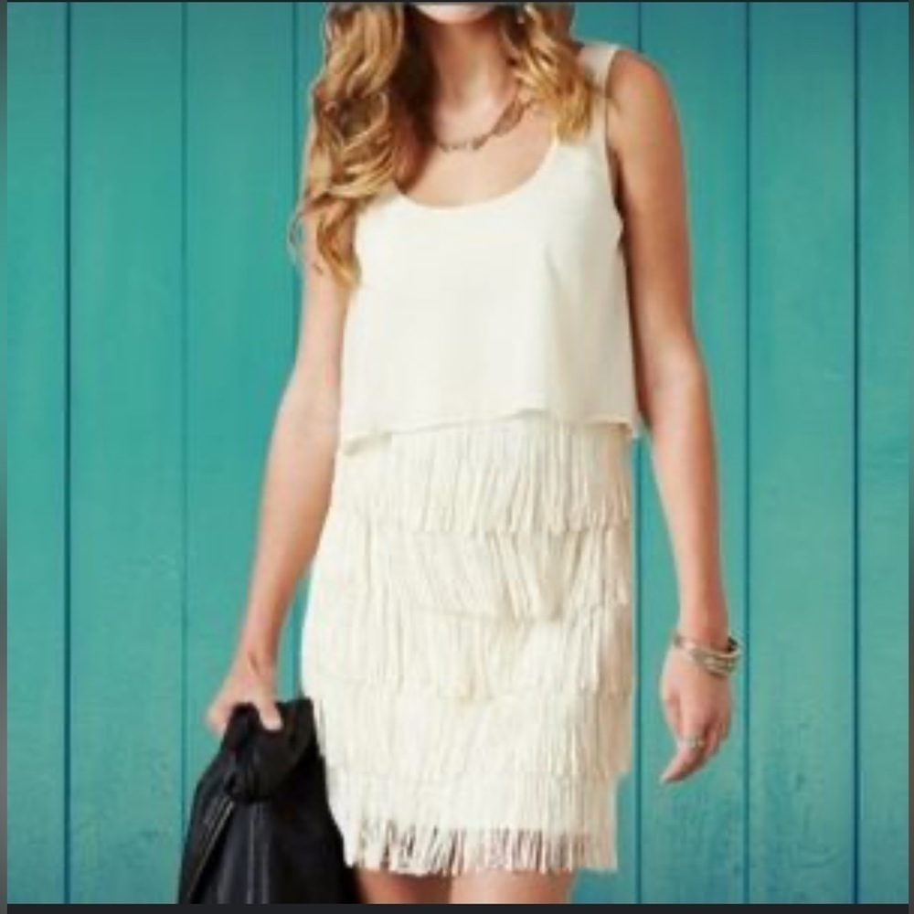 American Eagle Outfitters Cream Fringe Mini Dress
